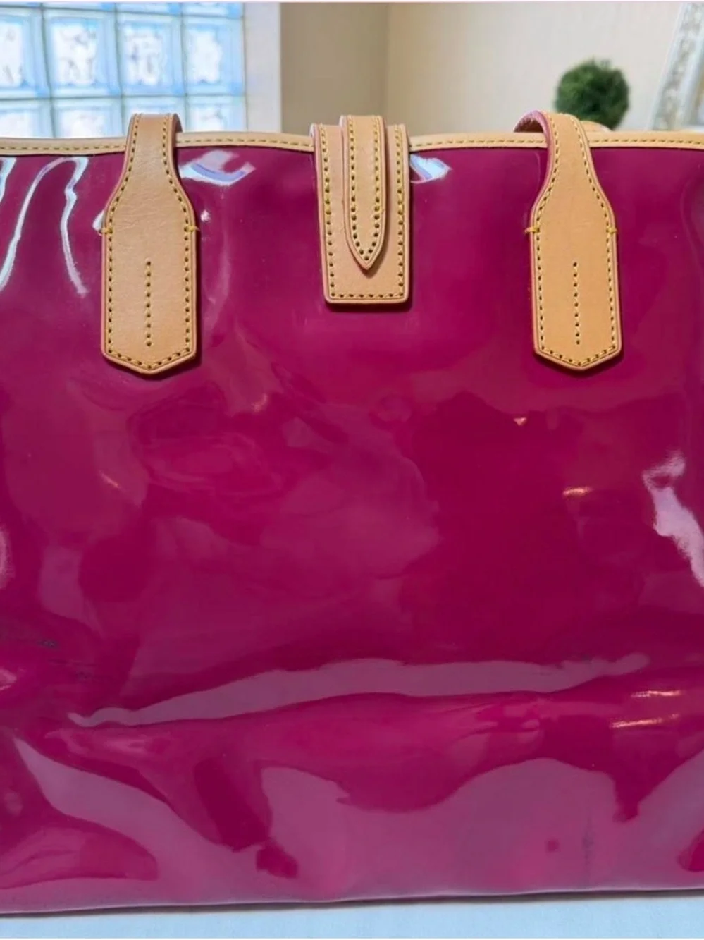 Dooney & Bourke Glossy fuchsia Patent Tote with Tan Trim
